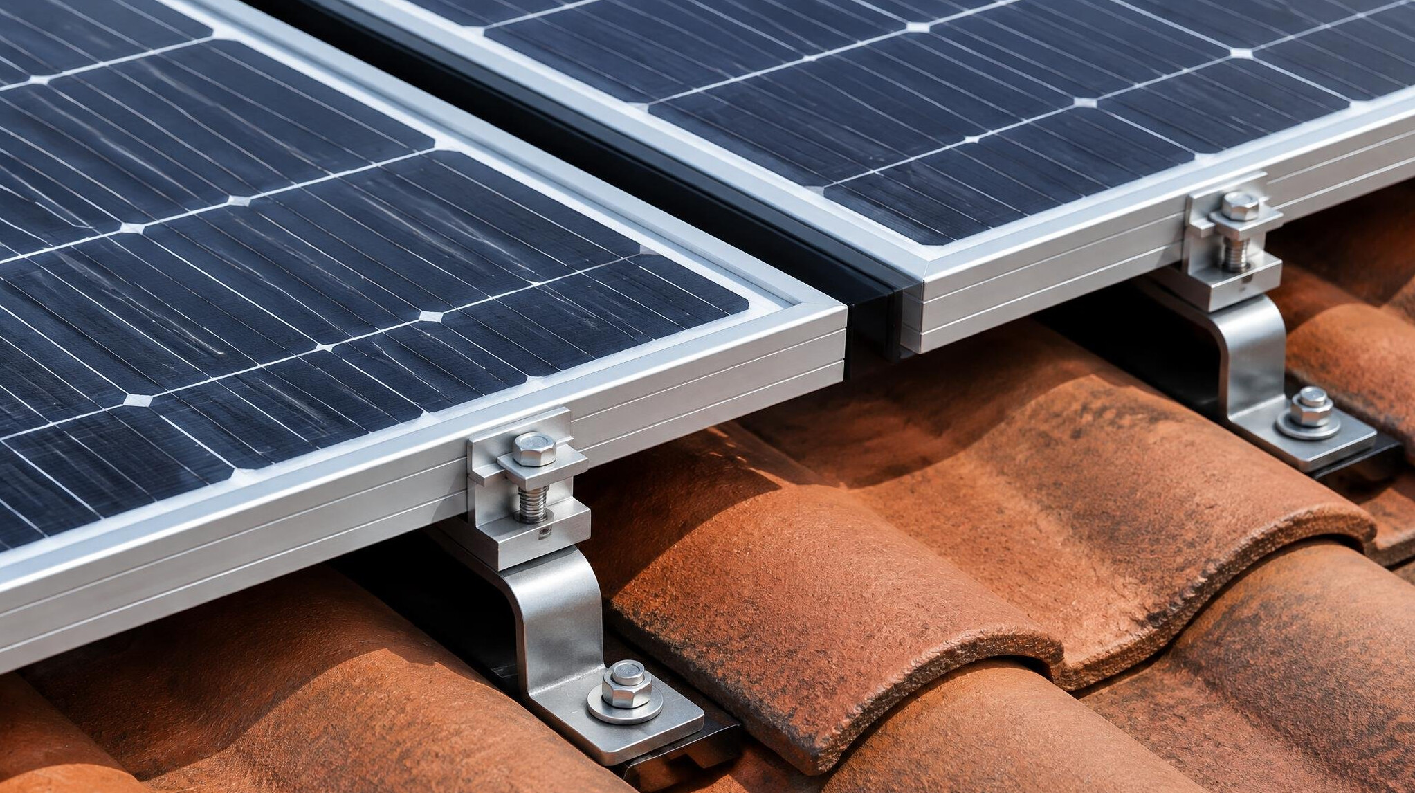 Solar panel frame and fixing hardware on a roof
