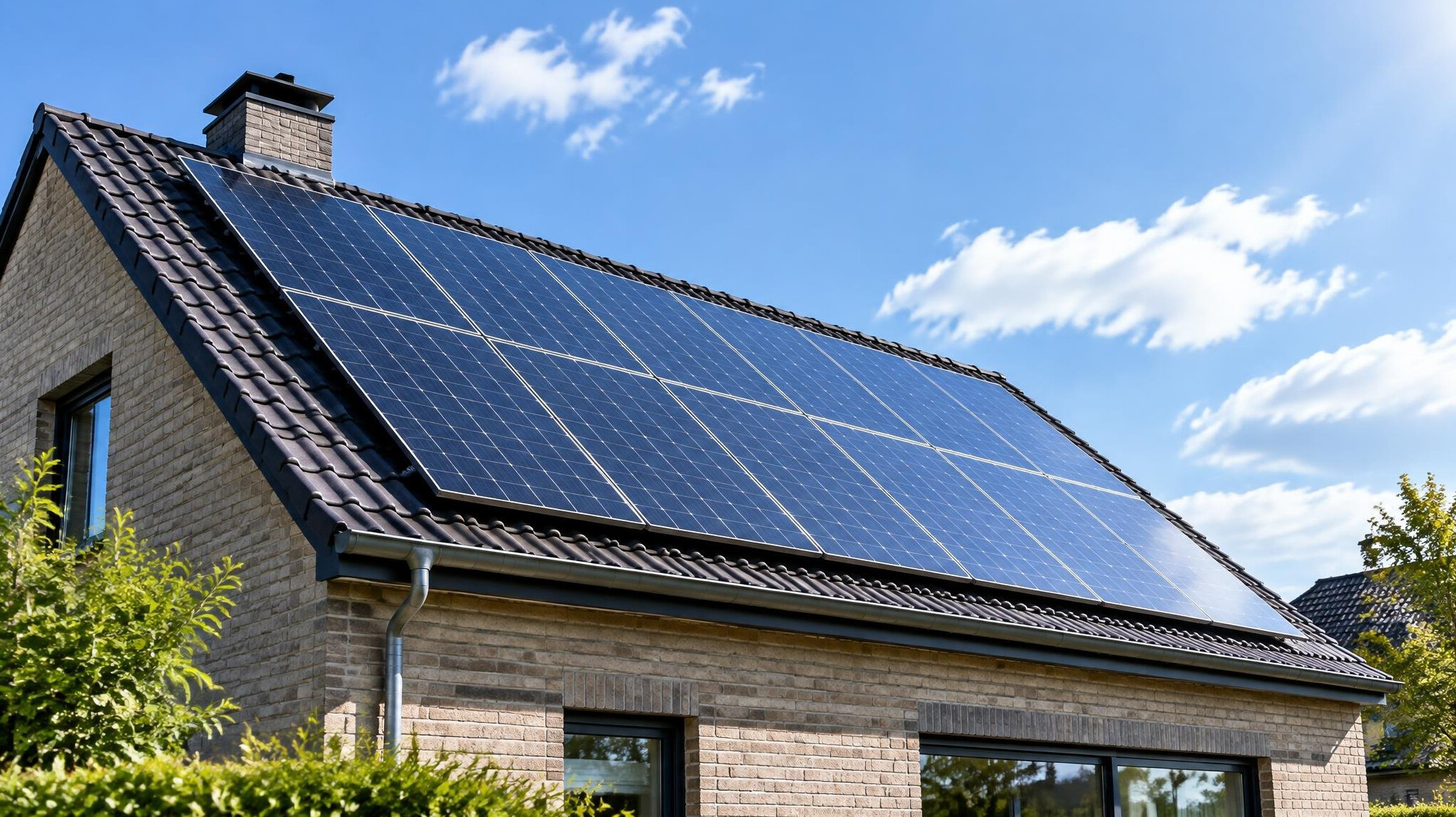 Solar panels installed on a pitched roof facing the sky