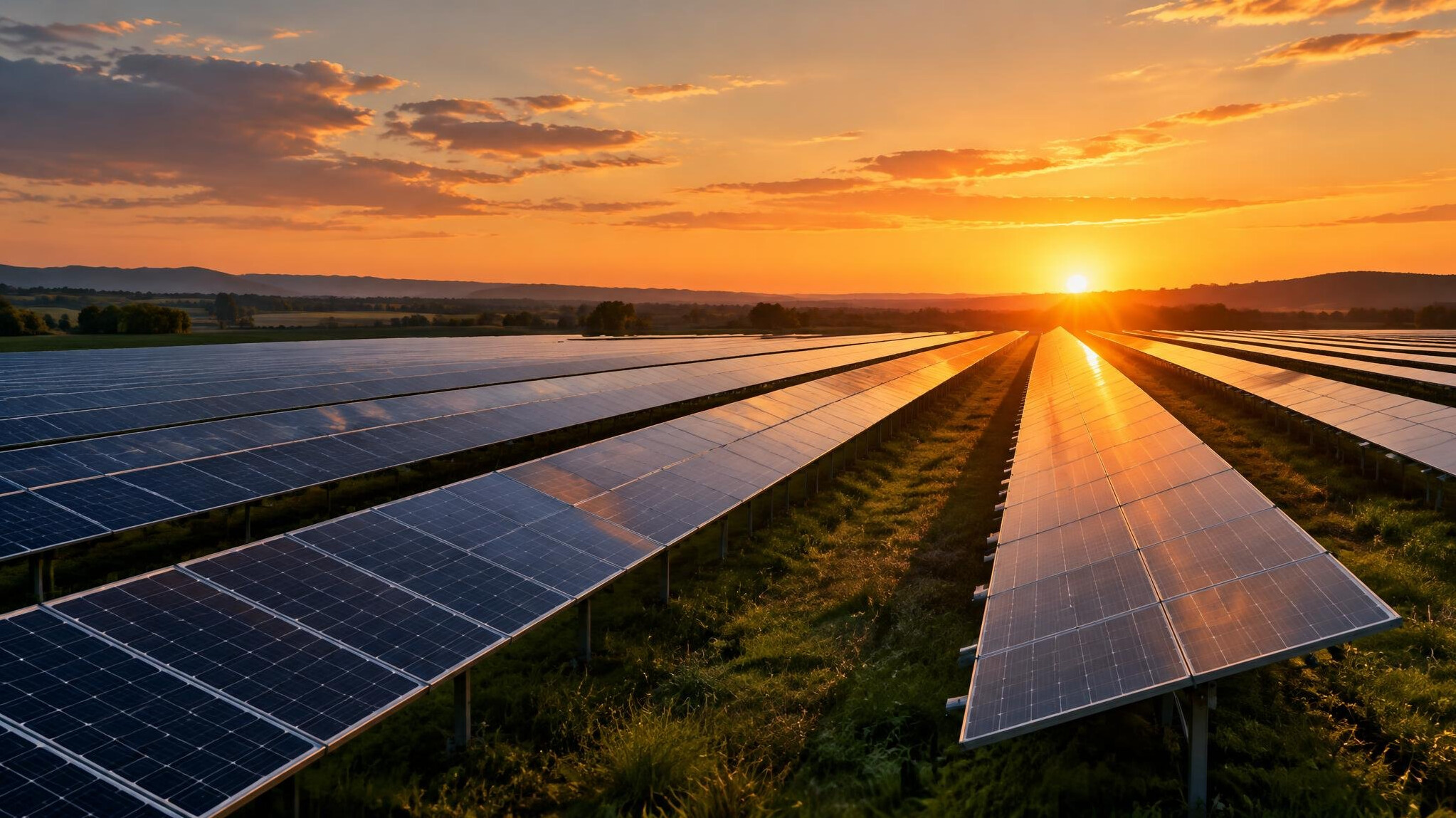 Solar farm at sunset with aligned panel rows