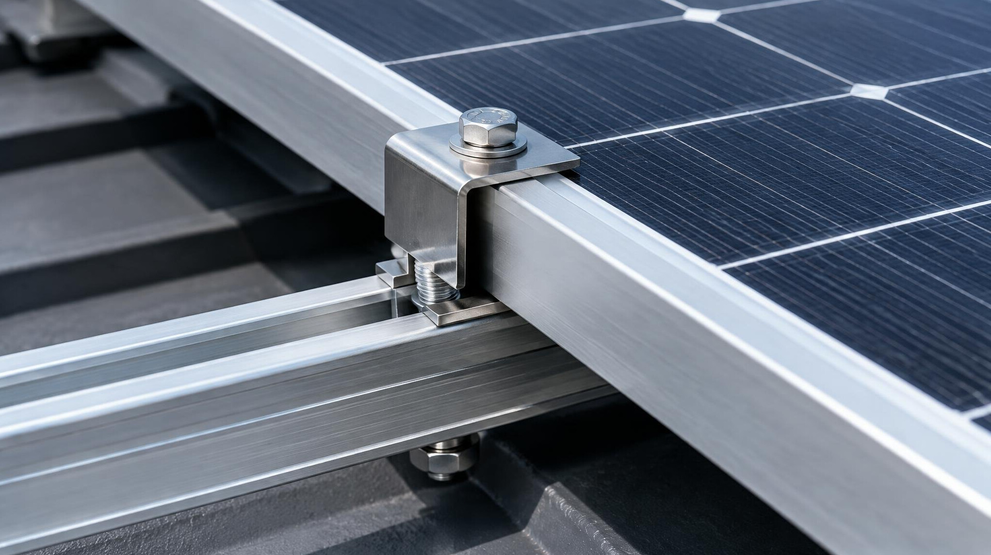 Close-up of metal mounting rails and clamps securing solar panels